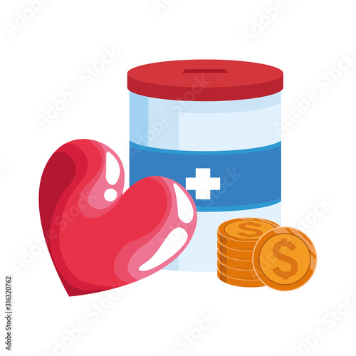 donation tin, heart and coins, colorful design