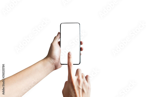 Close up hands holding smartphone and pointing finger touching screen mobile on white background.Isolated and clipping path.