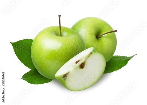 Two green whole apples and a cut piece piece with fresh leaves isolated on white background
