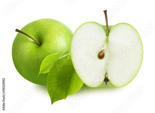 Green Apple and cut half part slice with leaves isolated on white background, close-up