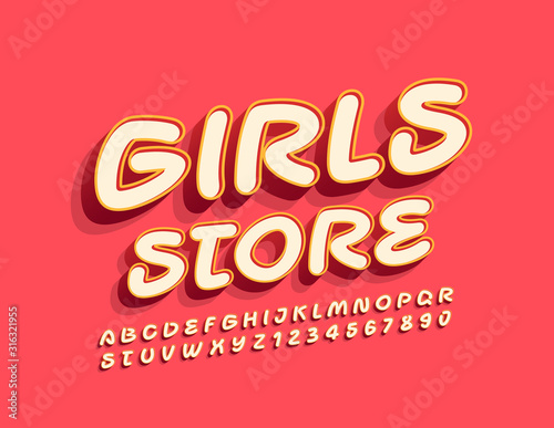 Vector bright logo Girls Store. Vintage handwritten Font. Set of Uppercase Alphabet Letters and Numbers