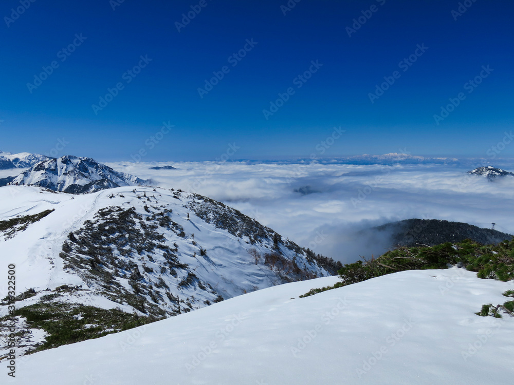 雪山　北アルプス　西穂高岳　青空　風景　