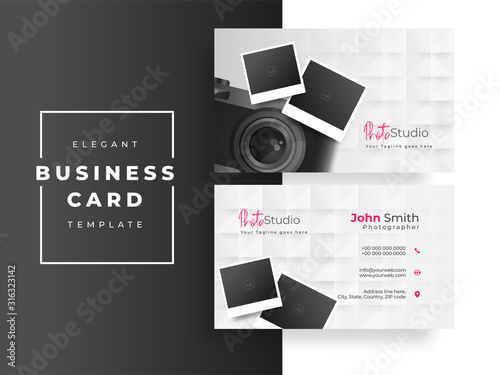 Photo Studio business card or visiting card design with camera and photographs on white seamless square pattern background.