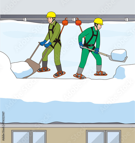 屋根の雪を下す作業員.ベクター素材