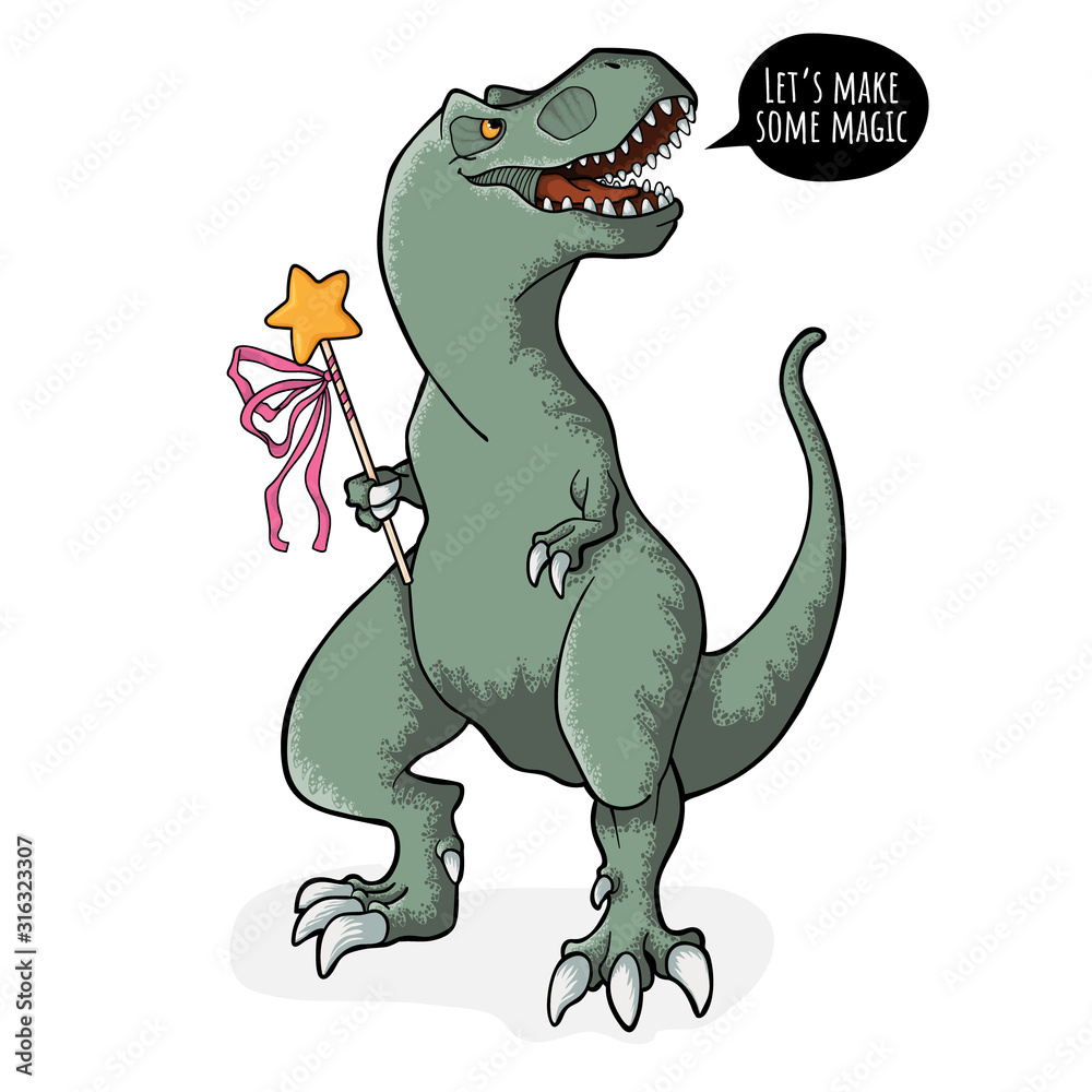 Cute tyrannosaurus rex with magic wand and speech bibble with text lets  make some magic. Vector hand drawn illustration of dinosaur t-rex in  cartoons style. Little dino in comix style. Stock Vector |