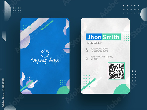 Blue and white business card or visiting card design with abstract elements in front and back view.