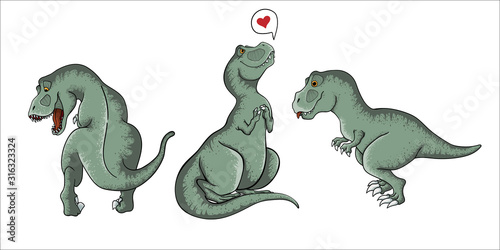Set of cute tyrannosaurus rex in cartooms style. Hand drawn vector illustration of dynosaur  t-rex isolated on white background. Collection of childish dino art.