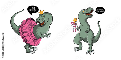 Set of cute tyrannosaurus rex in cartooms style. Hand drawn vector illustration of dynosaur  t-rex isolated on white background. Collection of childish dino art.