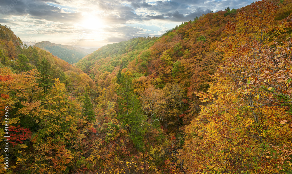 sun light skyline colorful mountain of Nakatsugawa Bridge view point in autumn fukushima sun light skyline colorful mountain of Nakatsugawa Bridge view point in autumn fukushima