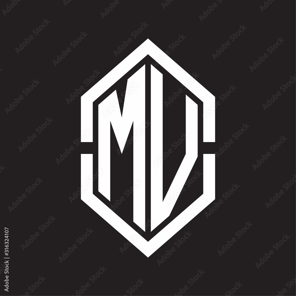 MV Logo monogram with hexagon shape and outline slice style with black and white MV Logo monogram with hexagon shape and outline slice style with black and white