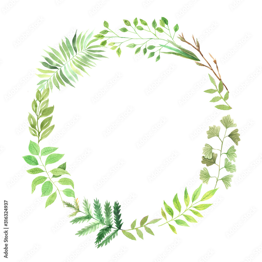 Watercolor round frame with green leaves Watercolor round frame with green leaves