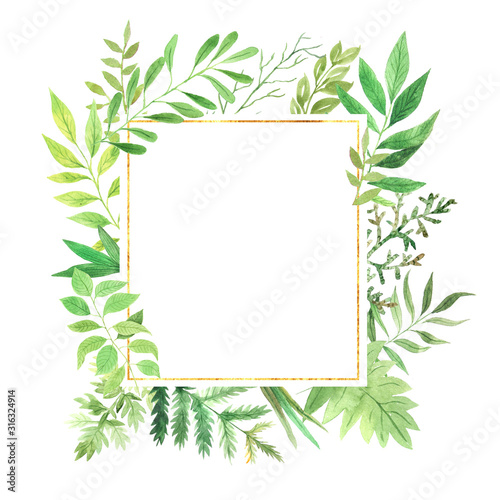 Watercolor geometric frame with green leaves