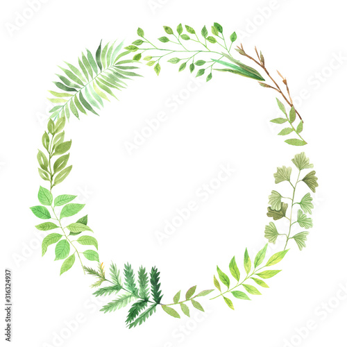 Watercolor round frame with green leaves