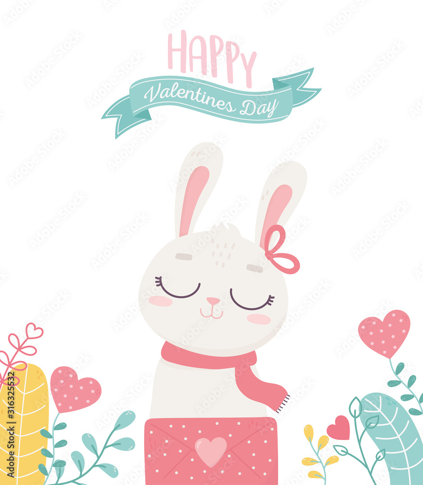 happy valentines day, cute bunny with envelope message love foliage plants