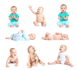 Collage with cute little babies on white background