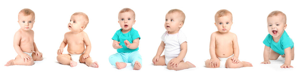 Collage with cute little baby on white background