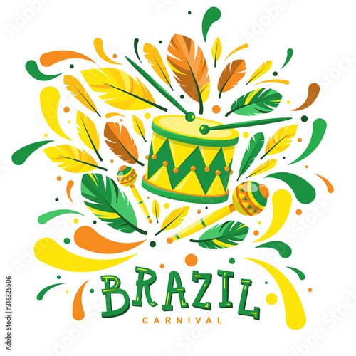 Musical instrument drum and maracas in the Brazilian carnival with feathers and confetti