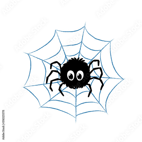 black funny spider sitting on the blue web. vector illustration. cartoon character. kids print. design element for label, sticker, baby book layout, t shirt