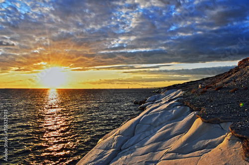 Sunset over the Mediterranean sea, White stones, Limassol, Cyprus. HDR