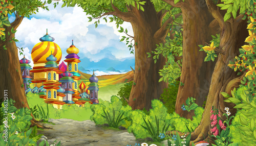 Cartoon nature scene with beautiful castle near the forest - illustration for the children © honeyflavour