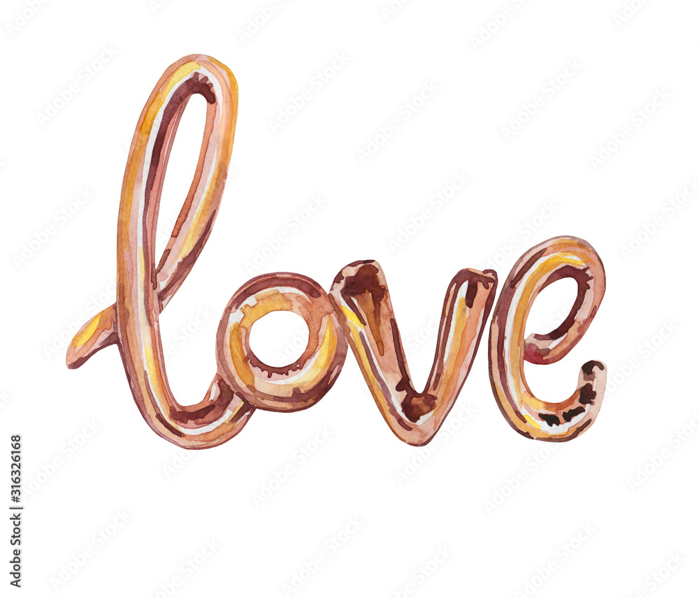 Watercolor inscription love made of balloons. Golden shiny text on a white background is isolated. Watercolor inscription love made of balloons. Golden shiny text on a white background is isolated.