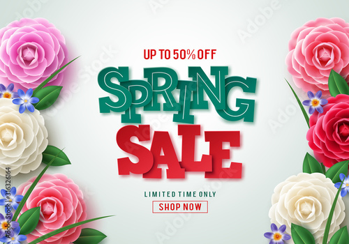 Spring sale vector banner design. Spring sale 3D text with colorful camellia flower elements in white background for spring seasonal discount promotion. Vector illustration.