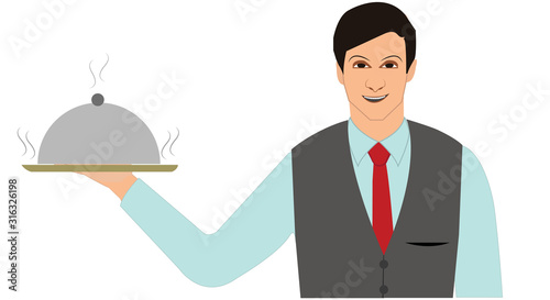 A waiter serving hot delicious dish