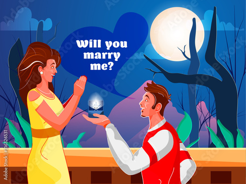 Full Moon Nature Landscape Scene Background with Young Boy Proposing his Girlfriend Saying Will You Marry Me.