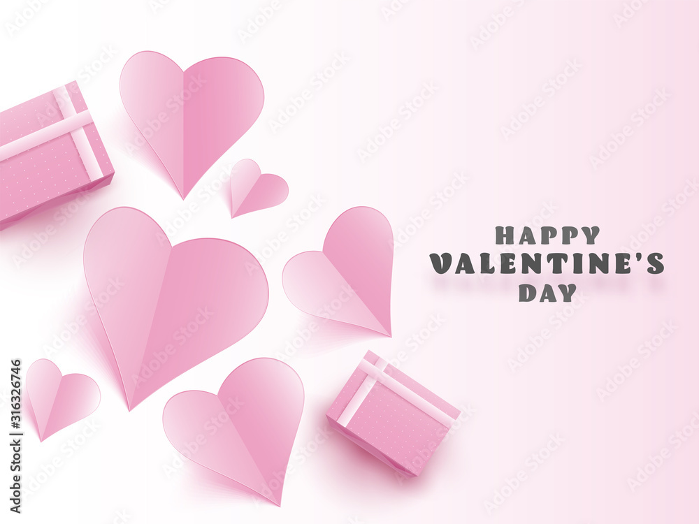 Pink Paper Hearts with Top View Gift Boxes on Glossy Background for Happy Valentine's Day Celebration Concept. Pink Paper Hearts with Top View Gift Boxes on Glossy Background for Happy Valentine's Day Celebration Concept.