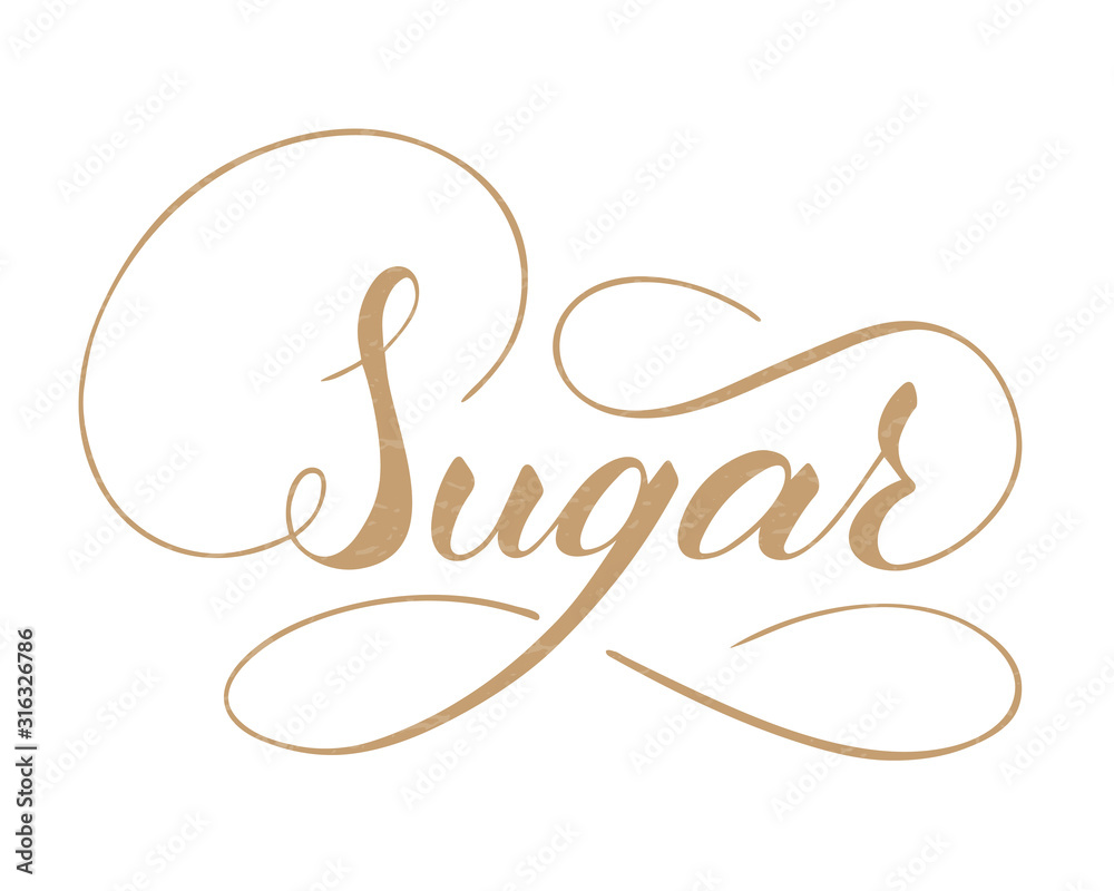 Vector hand written sugar text isolated on white background. Kitchen sweet spices for cooking. Script brushpen lettering with flourishes. Handwriting for banner, poster, product label Vector hand written sugar text isolated on white background. Kitchen sweet spices for cooking. Script brushpen lettering with flourishes. Handwriting for banner, poster, product label
