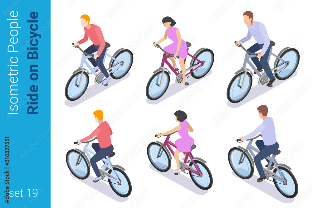 Isometric People ride on Bicycle active Outdoor flat vector collection. Isometric People ride on Bicycle active Outdoor flat vector collection.