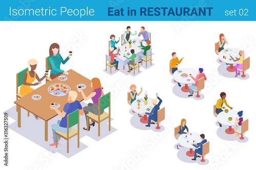Isometric People sitting at Table Eating and Talking in Restaurant flat vector collection.