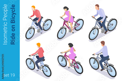 Isometric People ride on Bicycle active Outdoor flat vector collection.