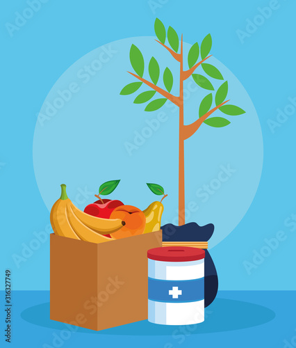 plant, donation tin and box with fruits, colorful design