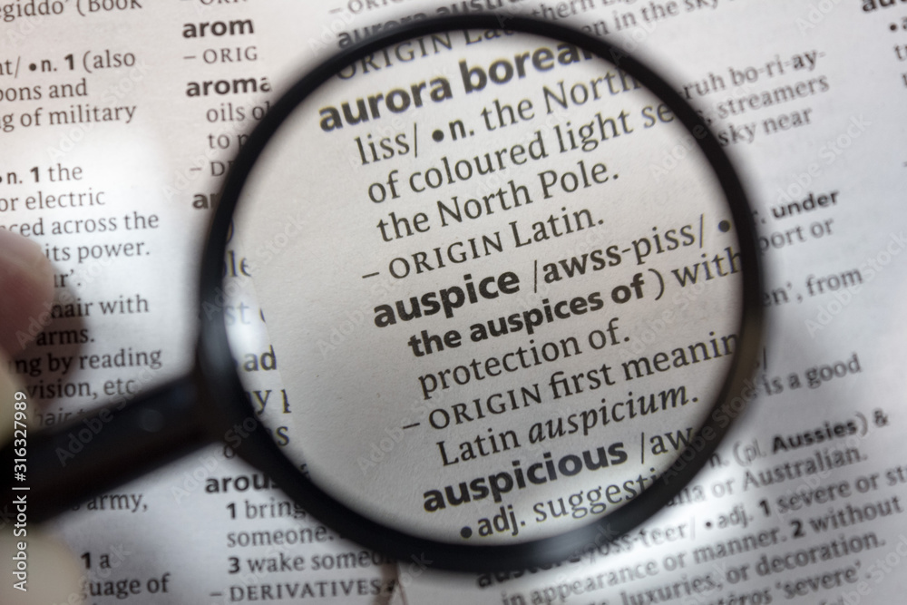 The word of phrase - auspice - in a dictionary. The word of phrase - auspice - in a dictionary.