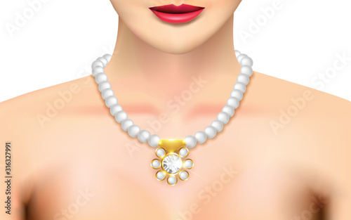 Pearl necklace with a diamond pendant on the neck of a woman	