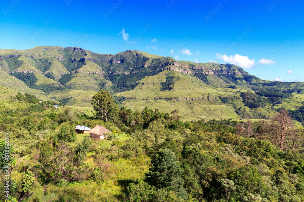 Panoramic view over a forest with a little hut embedded and green mountains, sunny day, Drakensberg, Giants Castle Game Reserve, South Africa
