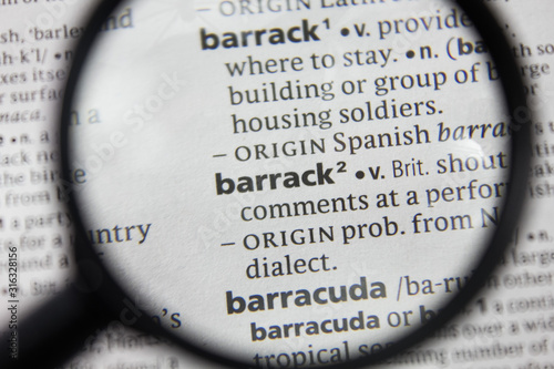 The word or phrase barrack in a dictionary.