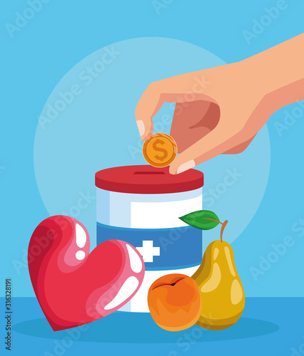 hand with coin, donation tin and fruits, colorful design