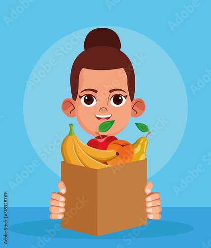 cartoon woman with paper bag with fruits, colorful design