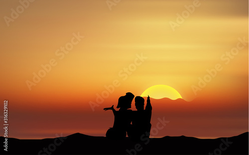 Lover on the mountain in sunset	
