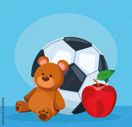 soccer ball, bear and apple fruit, colorful design