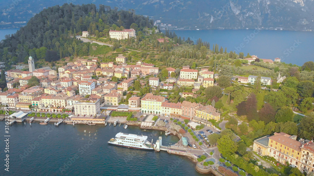 Aerial view. Bellagio, a city in Italy on Lake Como. Beautiful landscape with mountains, lake and resort town.