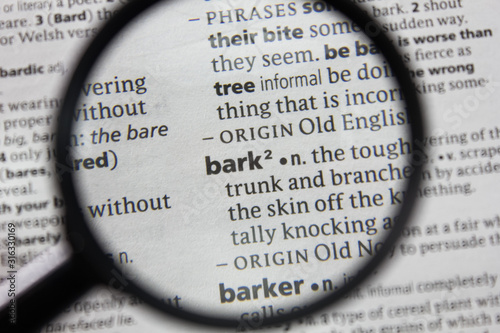 The word or phrase bark in a dictionary.