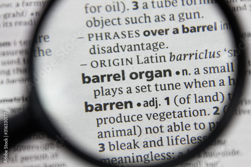 Canvas-taulu The word or phrase barrel organ in a dictionary.