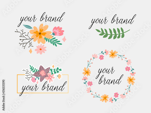 Hand drawn logo collection. Logo design with flowers and beautiful fonts. For designers, florists, photographers and other creative professions