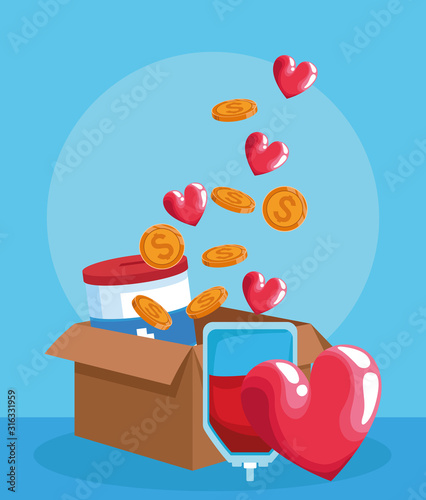 blood bag, heart and box with donation tin, money coins and hearts, colorful design