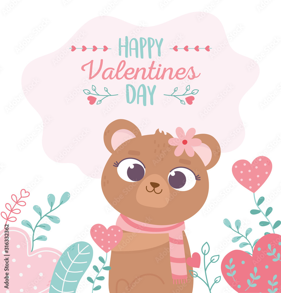 happy valentines day, cute female bear with flower hearts love romantic