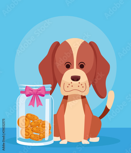 cartoon cute dog with glass piggy bank with pink bow and coins