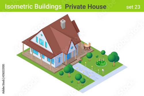 Isometric Cottage Private House with backyard garden Building flat vector collection